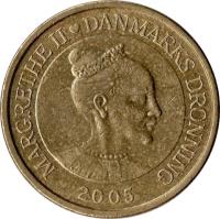 obverse of 20 Kroner - Margrethe II - 2'nd Coat of Arms; 4'th Portrait (2003 - 2009) coin with KM# 891 from Denmark. Inscription: MARGRETHE II DANMARKS DRONNING 2004