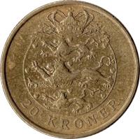 Denmark coin 20 Kroner - Margrethe II - 2'nd Coat of Arms; 4'th Portrait (2003 - 2009) reverse reverse of 20 Kroner - Margrethe II - 2'nd Coat of Arms; 4'th Portrait (2003 - 2009) coin with KM# 891 from Denmark. Inscription: 20 KRONER