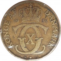 obverse of 2 Kroner - Christian X (1924 - 1941) coin with KM# 825 from Denmark. Inscription: KONGE AF DANMARK 19 39