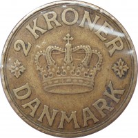 Denmark coin 2 Kroner - Christian X (1924 - 1941) reverse reverse of 2 Kroner - Christian X (1924 - 1941) coin with KM# 825 from Denmark. Inscription: 2 KRONER DANMARK