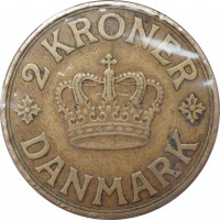 reverse of 2 Kroner - Christian X (1924 - 1941) coin with KM# 825 from Denmark. Inscription: 2 KRONER DANMARK