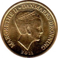 Denmark coin 10 Kroner - Margrethe II - 5'th Portrait (2011) obverse obverse of 10 Kroner - Margrethe II - 5'th Portrait (2011) coin with KM# 943 from Denmark. Inscription: MARGRETHE II ♥ DANMARKS DRONNING 2011