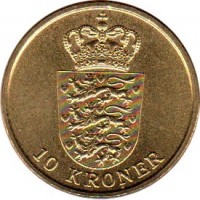 reverse of 10 Kroner - Margrethe II - 5'th Portrait (2011) coin with KM# 943 from Denmark. Inscription: 10 KRONER
