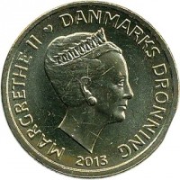 obverse of 20 Kroner - Margrethe II - H. C. Ørsted & Electromagnetism (2013) coin with KM# 958 from Denmark. Inscription: MARGRETHE II DANMARKS DRONNING 2013