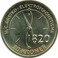 reverse of 20 Kroner - Margrethe II - H. C. Ørsted & Electromagnetism (2013) coin with KM# 958 from Denmark. Inscription: H.C. ØRSTED . ELEKTROMAGNETISME 1820 20 KRONER