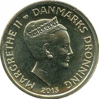 Denmark coin 20 Kroner - Margrethe II - Ole Rømer & The Speed of Light (2013) obverse obverse of 20 Kroner - Margrethe II - Ole Rømer & The Speed of Light (2013) coin with KM# 960 from Denmark. Inscription: MARGRETHE II DANMARKS DRONNING 2013