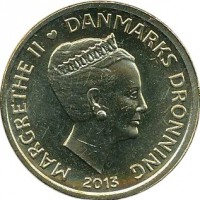 obverse of 20 Kroner - Margrethe II - Ole Rømer & The Speed of Light (2013) coin with KM# 960 from Denmark. Inscription: MARGRETHE II DANMARKS DRONNING 2013