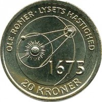 Denmark coin 20 Kroner - Margrethe II - Ole Rømer & The Speed of Light (2013) reverse reverse of 20 Kroner - Margrethe II - Ole Rømer & The Speed of Light (2013) coin with KM# 960 from Denmark. Inscription: OLE RØMER . LYSET HASTIGHED 1675 20 KRONER