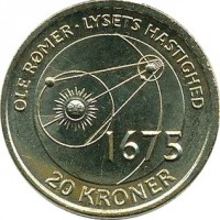 reverse of 20 Kroner - Margrethe II - Ole Rømer & The Speed of Light (2013) coin with KM# 960 from Denmark. Inscription: OLE RØMER . LYSET HASTIGHED 1675 20 KRONER