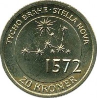 reverse of 20 Kroner - Margrethe II - Tycho Brahe & Stella Nova (2013) coin with KM# 962 from Denmark. Inscription: TYCHO BRAHE STELLA NOVA 1572 20 KRONER