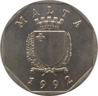 obverse of 50 Cents (1991 - 2007) coin with KM# 98 from Malta. Inscription: MALTA REPUBLIKA TA'MALTA 1992