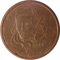 obverse of 1 Euro Cent (1999 - 2015) coin with KM# 1282 from France. Inscription: RF 2009 F. COURTIADE