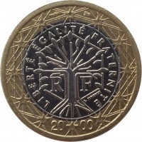 obverse of 1 Euro - 1'st Map (1999 - 2006) coin with KM# 1288 from France. Inscription: LIBERTÉ ÉGALITÉ FRATERNITÉ RF J. JIMENEZ 20 01