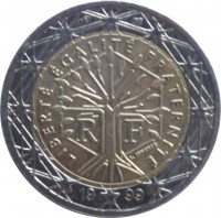 obverse of 2 Euro - 1'st Map (1999 - 2006) coin with KM# 1289 from France. Inscription: LIBERTÉ ÉGALITÉ FRATERNITÉ J. JIMENEZ R F 20 01
