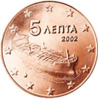 obverse of 5 Euro Cent (2002 - 2017) coin with KM# 183 from Greece. Inscription: 5 ΛΕΠΤΑ 2002 ΓΣ