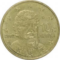 obverse of 10 Euro Cent - 1'st Map (2002 - 2006) coin with KM# 184 from Greece. Inscription: 10 ΛΕΠΤΑ 2002 F Ρήγας Φεραίος