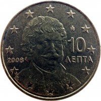 obverse of 10 Euro Cent - 2'nd Map (2007 - 2017) coin with KM# 211 from Greece. Inscription: 10 ΛΕΠΤΑ Ρήγας Φεραίος 2008 ΓΣ
