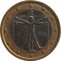 obverse of 1 Euro - 1'st Map (2002 - 2007) coin with KM# 216 from Italy. Inscription: RI R 2003 LC