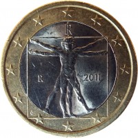 obverse of 1 Euro - 2'nd Map (2008 - 2015) coin with KM# 250 from Italy. Inscription: RI R 2011 LC