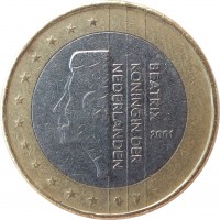 obverse of 1 Euro - Beatrix - 1'st Map (1999 - 2006) coin with KM# 240 from Netherlands. Inscription: BEATRIX KONINGIN DER NEDERLANDEN 2001