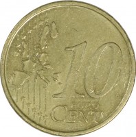 reverse of 10 Euro Cent - 1'st Map (2002 - 2007) coin with KM# 743 from Portugal. Inscription: 10 EURO CENT LL