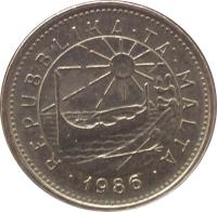obverse of 5 Cents (1986) coin with KM# 77 from Malta. Inscription: · REPUBBLIKA · TA' · MALTA · 1986
