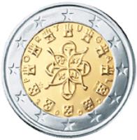 obverse of 2 Euro - 2'nd Map (2008 - 2014) coin with KM# 767 from Portugal. Inscription: P O R T U G A L PO RT VG AL VS INCM 2 0 1 2