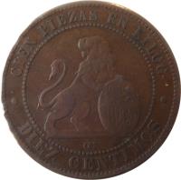 Spain coin 10 Centimos - Provisional Government (1870) reverse reverse of 10 Centimos - Provisional Government (1870) coin with KM# 663 from Spain. Inscription: CIEN PIEZAS EN KILOG. DIEZ CENTIMOS OM