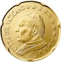obverse of 20 Euro Cent - John Paul II (2002 - 2005) coin with KM# 345 from Vatican City. Inscription: CITTA' DEL VATICANO 2004 GV · UPINC · R