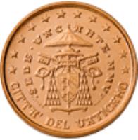 obverse of 1 Euro Cent - Sede Vacante (2005) coin with KM# 365 from Vatican City. Inscription: CITTA' DEL VATICANO · SEDE · VACANTE · MMV · R D. LONGO M.A.C. INC. CARITAS ET VERITAS