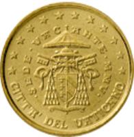 obverse of 10 Euro Cent - Sede Vacante (2005) coin with KM# 368 from Vatican City. Inscription: CITTA' DEL VATICANO · SEDE · VACANTE · MMV · R D. LONGO M.C.C. INC. CARITAS ET VERITAS