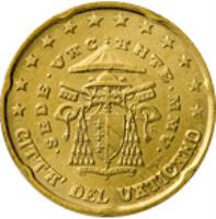 obverse of 20 Euro Cent - Sede Vacante (2005) coin with KM# 369 from Vatican City. Inscription: CITTA' DEL VATICANO · SEDE · VACANTE · MMV · R D. LONGO M.A.C. INC. CARITAS ET VERITAS