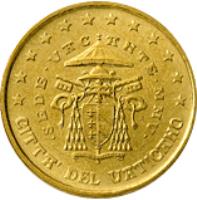 obverse of 50 Euro Cent - Sede Vacante (2005) coin with KM# 370 from Vatican City. Inscription: CITTA' DEL VATICANO · SEDE · VACANTE · MMV · R D. LONGO LDS INC. CARITAS ET VERITAS