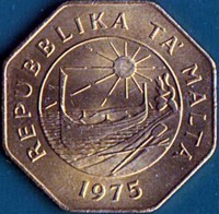 obverse of 25 Cents - Declaration of the Republic (13 December 1974) (1975) coin with KM# 29 from Malta. Inscription: REPUBBLIKA TA' MALTA 1975
