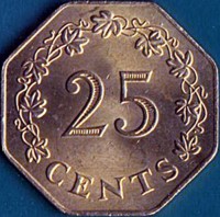 Malta coin 25 Cents - Declaration of the Republic (13 December 1974) (1975) reverse reverse of 25 Cents - Declaration of the Republic (13 December 1974) (1975) coin with KM# 29 from Malta. Inscription: 25 CENTS