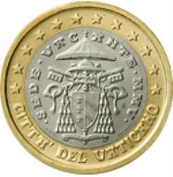 obverse of 1 Euro - Sede Vacante (2005) coin with KM# 371 from Vatican City. Inscription: · SEDE · VACANTE · MMV · R D. LONGO CARITAS ET VERITAS ELF INC. CITTA' DEL VATICANO