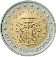 Vatican City coin 2 Euro - Sede Vacante (2005) obverse obverse of 2 Euro - Sede Vacante (2005) coin with KM# 372 from Vatican City. Inscription: CITTA' DEL VATICANO · SEDE · VACANTE · MMV · R D. LONGO M.C.C. INC. CARITAS ET VERITAS