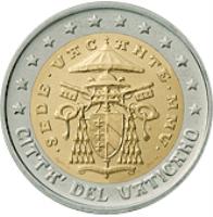 obverse of 2 Euro - Sede Vacante (2005) coin with KM# 372 from Vatican City. Inscription: CITTA' DEL VATICANO · SEDE · VACANTE · MMV · R D. LONGO M.C.C. INC. CARITAS ET VERITAS