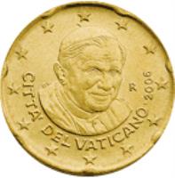 obverse of 20 Euro Cent - Benedict XVI - 1'st Map (2006 - 2007) coin with KM# 379 from Vatican City. Inscription: CITTA' DEL VATICANO · 2007 R D. L. MAC INC.