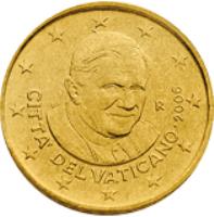 obverse of 50 Euro Cent - Benedict XVI - 1'st Map (2006 - 2007) coin with KM# 380 from Vatican City. Inscription: CITTA' DEL VATICANO · 2007 R D. L. MAC INC.