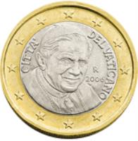 obverse of 1 Euro - Benedict XVI - 1'st Map (2006 - 2007) coin with KM# 381 from Vatican City. Inscription: CITTA' DEL VATICANO D.L. R 2007 ELF INC.