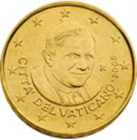 obverse of 10 Euro Cent - Benedict XVI - 2'nd Map (2008 - 2013) coin with KM# 385 from Vatican City. Inscription: CITTA' DEL VATICANO · 2013 R D. L. M.C.C INC.