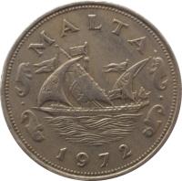 obverse of 10 Cents (1972 - 1981) coin with KM# 11 from Malta. Inscription: MALTA 1972