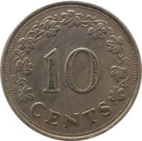 reverse of 10 Cents (1972 - 1981) coin with KM# 11 from Malta. Inscription: 10 CENTS