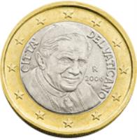 Vatican City coin 1 Euro - Benedict XVI - 2'nd Map (2008 - 2013) obverse obverse of 1 Euro - Benedict XVI - 2'nd Map (2008 - 2013) coin with KM# 388 from Vatican City. Inscription: CITTA' DEL VATICANO D.L. R 2013 ELF INC.