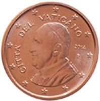 obverse of 5 Euro Cent - Francis (2014 - 2015) coin with KM# 457 from Vatican City. Inscription: CITA' DEL VATICANO R 2014 G.TITOTTO ELF INC.