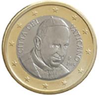 obverse of 1 Euro - Francis - Francis (2014 - 2015) coin with KM# 461 from Vatican City. Inscription: CITA' DEL VATICANO R 2014 P. DANIELE MCC INC