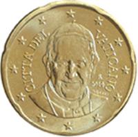 obverse of 20 Euro Cent - Francis (2014 - 2015) coin with KM# 459 from Vatican City. Inscription: CITA' DEL VATICANO R 2014 O.ROSSI LDS INC.