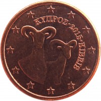 obverse of 1 Euro Cent (2008 - 2016) coin with KM# 78 from Cyprus. Inscription: ΚΥΠΡΟΣ · 2015 · KIBRIS