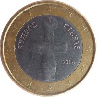 obverse of 1 Euro (2008 - 2016) coin with KM# 84 from Cyprus. Inscription: ΚΥΠΡΟΣ KIBRIS 2008